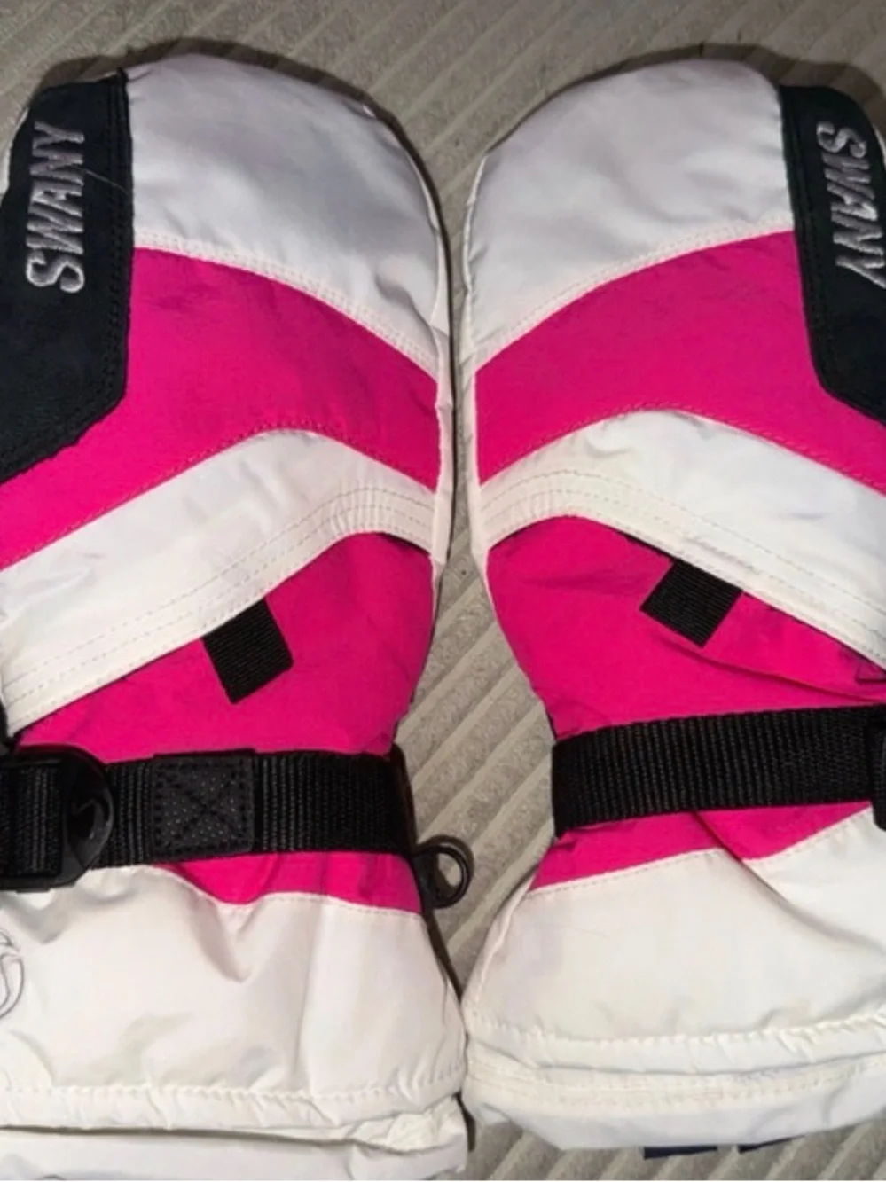 Kids Pink and White Snow Mittens with Adjustable Strap